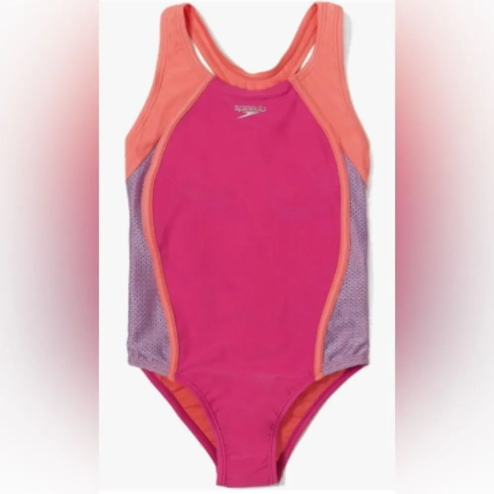 Speedo Big Girl's Swimsuit One Piece Mesh Splice Thick Strap, Size 16, Rose
